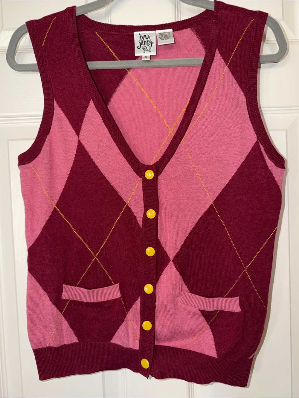 ivy jane Pink and Burgundy Sleeveless Argyle Knit Vest with Yellow‎ Buttons